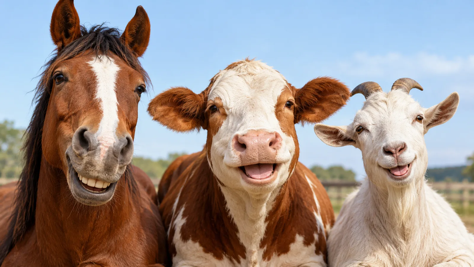 Cavalo, vaca e cabra lado a lado, de frente